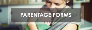 mom holding baby in front sling with text parentage forms